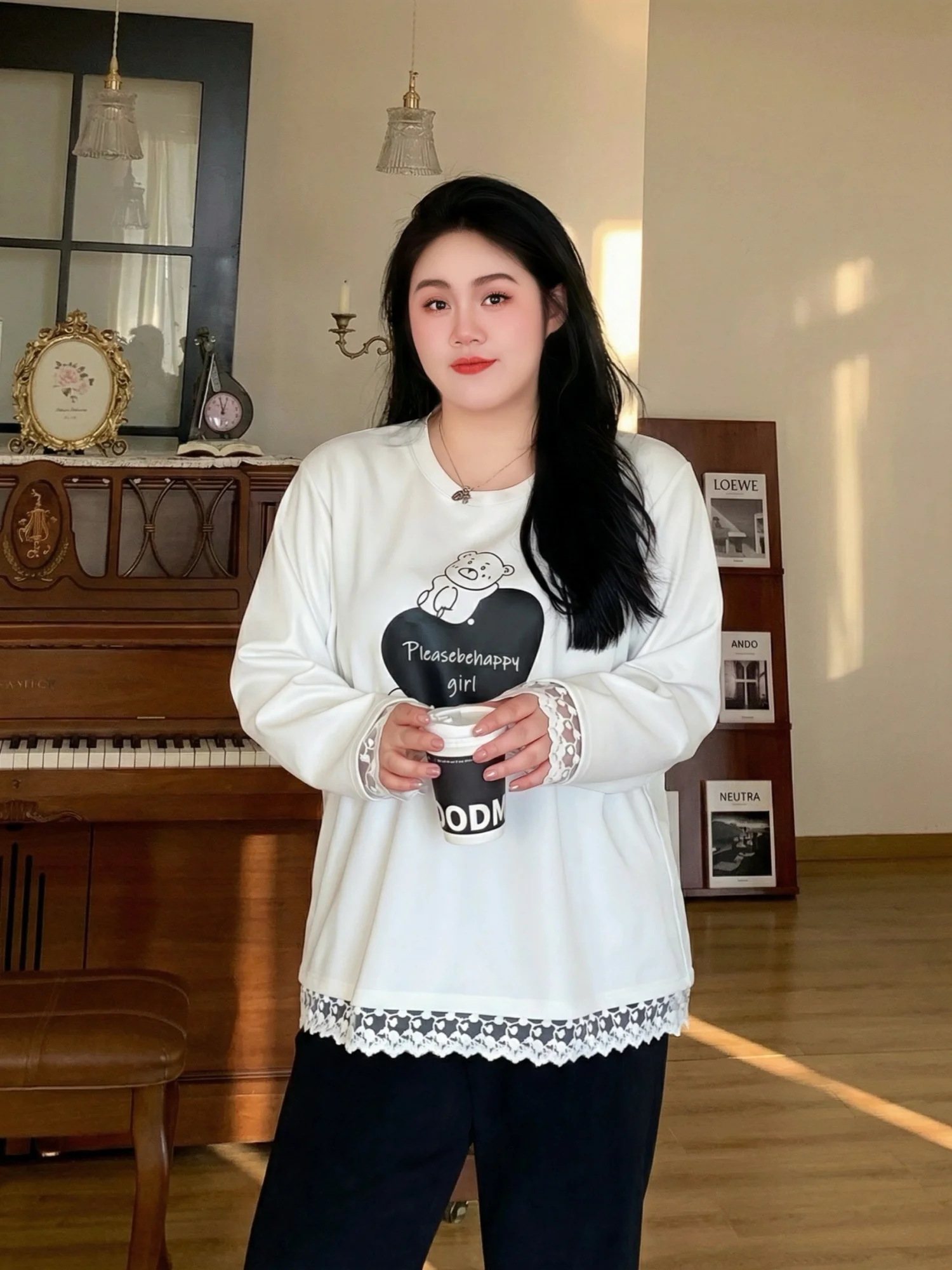 

plus Size Women's round Neck Lace Base Shirt Fashion Loose Slimming Top Commute Style Long Sleeve Polyester Cotton Blend