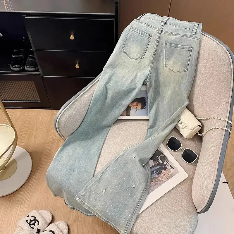 الثقيلة ستار حجر الراين لامعة الضوء الأزرق الجينز المرأة الصيف عالية الخصر سليم تمتد متوهج السراويل