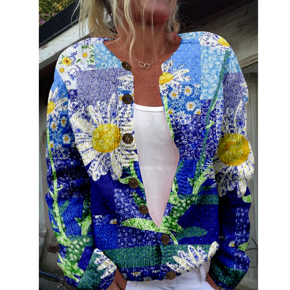 

Осень-зима вязаный кардиган с цветочным принтом, повседневный свитер, уличная одежда, женские свитера, вязаный топ, крутые джемперы, модные
