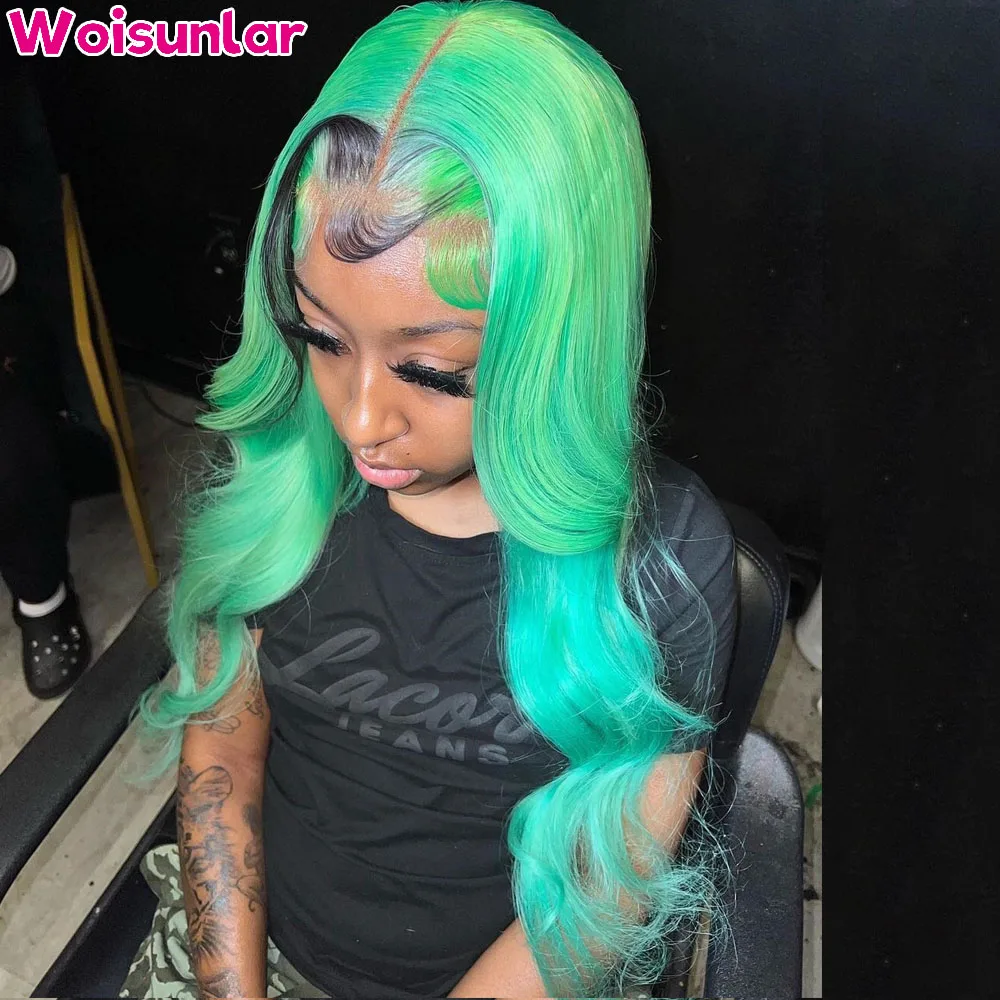 Highlight Green Black Body Wave human hair Wig Pre Plcuked 13x4 Transparent Lace Frontal Human Hair Wig Body Wave For Women Wigs