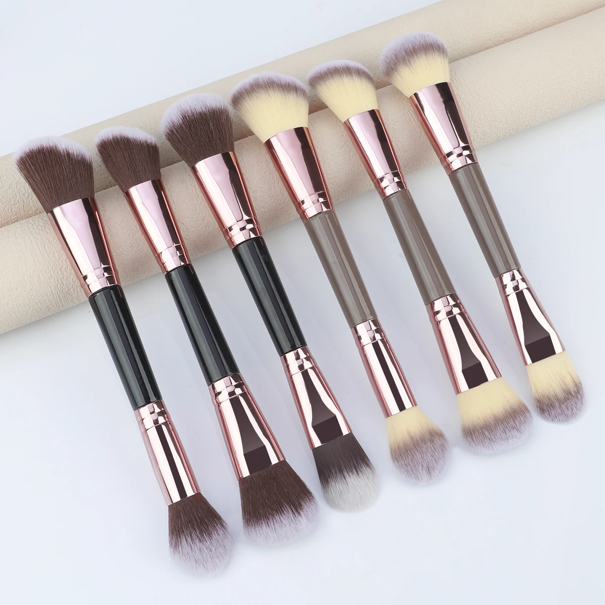 3 pçs cabeça dupla multi-função conjunto de escova de maquiagem punho de madeira pó blush escova fundação maquiagem escova ferramenta de beleza