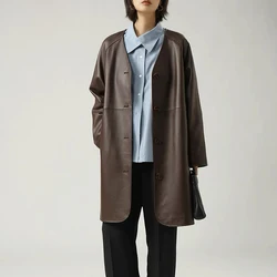 Women's Genuine Leather Jacket Spring Autumn New Sheepskin V-Neck Raglan Sleeves Long Single Breasted Lace-Up Loose Trench Coat