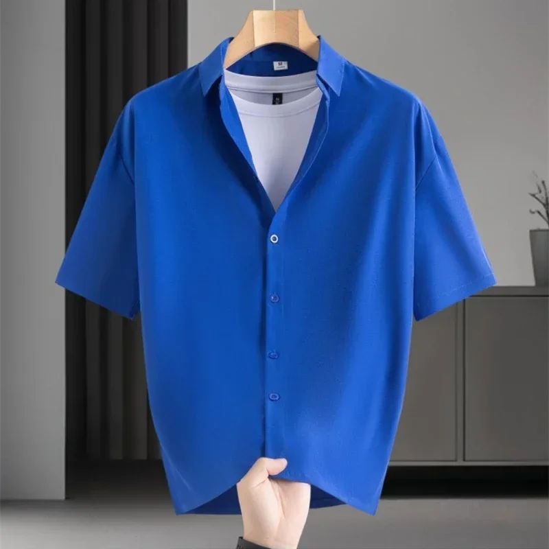 High End Ice Silk Shirts Men Solid Color Short Sleeve Shirt for Man Summer Fashion No Ironing Comfortable Versatile Business Top