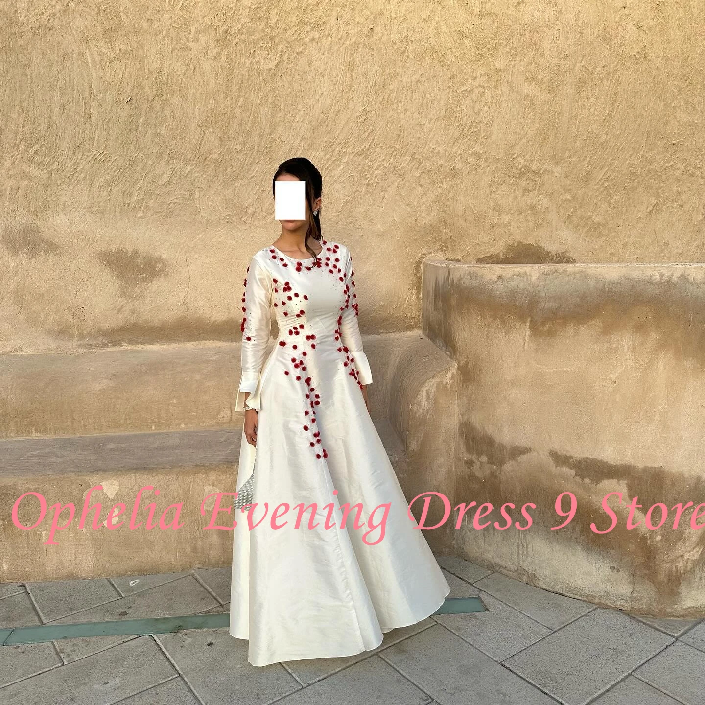 Customized Fashion Crew Neck Satin Long Sleeves Appliques Evening Dresses Elegant Floor Length Celebrity Gowns Vestido De Noche