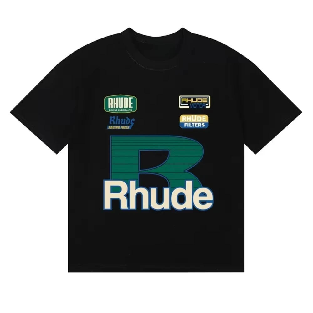2026 Rhude Unisex Vintage Racing Badge T-shirt Oversized Short Sleeve Tee Retro Label Print Loose Summer Cotton Trendy Top