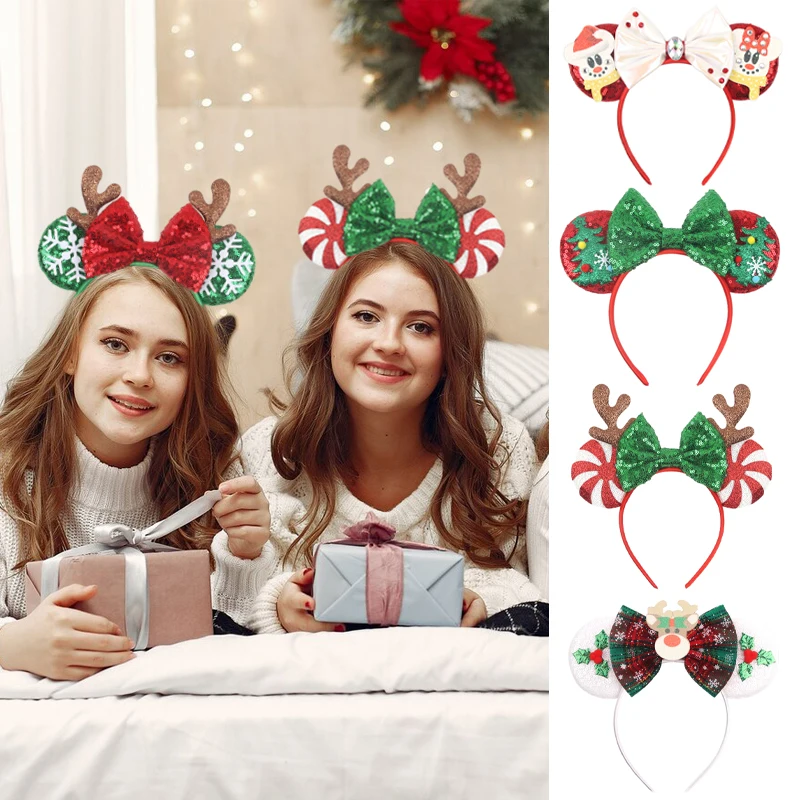 2024 Christmas Series Disney Mickey Ears Headband For Girls Women Sequins Bow Festivall Party Hairband DIY Hair Accessories