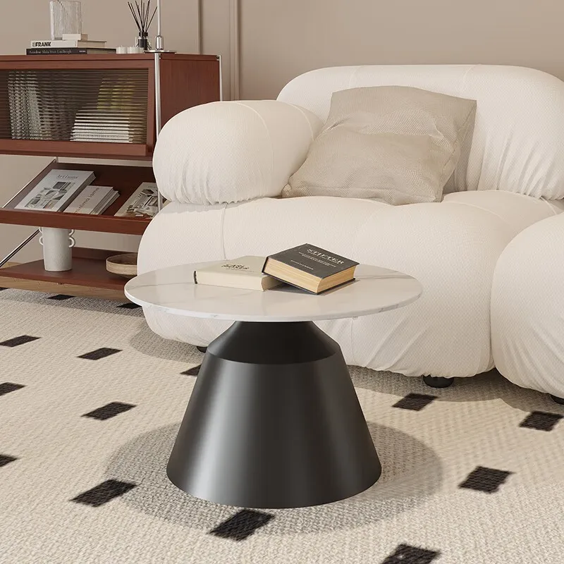 

modern simple round small coffee table household living room light luxury cream wind rock slab coffee table carbon steel edge ta