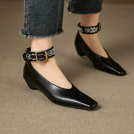 

Women’s Genuine Leather Mary Jane Shoes Low Cut Single Strap Mid Heel Square Toe