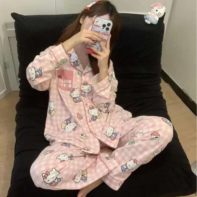 

Anime Cute Kitten Girls T-Shirt Pajama Cartoon Kawaii Sweet Soft Home Clothing Trousers Long Sleeve Clothing for Women At Home