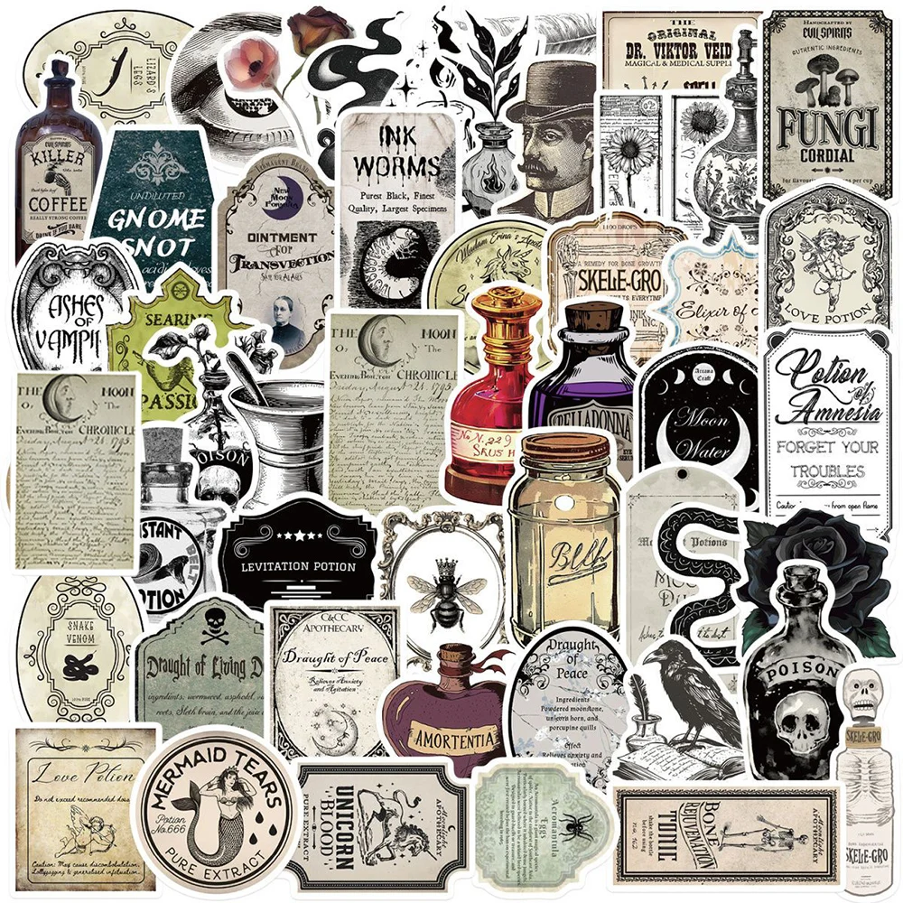 10/30/50pcs Retro Gothic Apothecary Potion Label Stickers Decals DIY Skateboard Phone Guitar Bike Cool Cartoon Sticker Wholesale