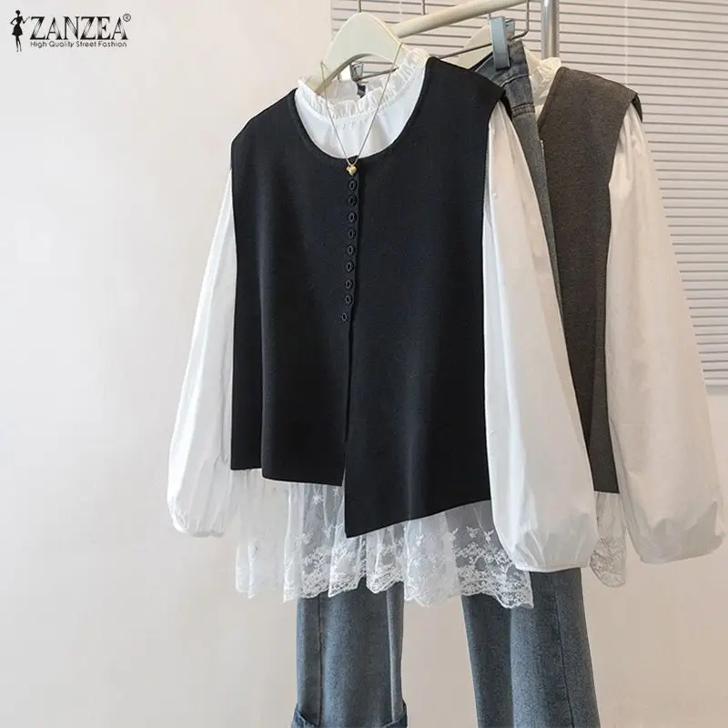 

ZANZEA 2022, элегантные кружевные рубашки, женские модные лоскутные блузки с длинными рукавами и воротником-стойкой, повседневные свободные туники, топы на пуговицах, Blusas