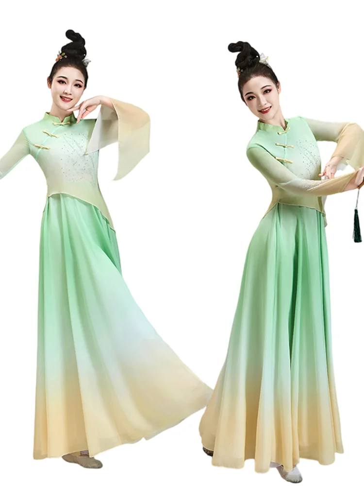 Modern Hanfu Women Chinese Folk National Dance Costume 2 Piece Long Sleeve Top Swing Circle Skirt Gradient Color Body Rhyme 3XL