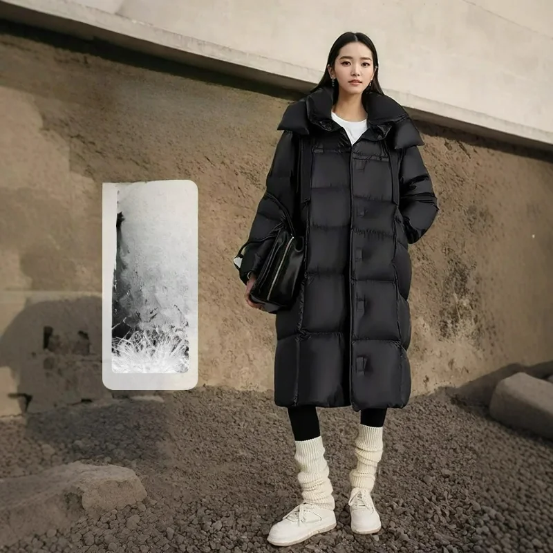 Długa kurtka damska ze strumieniowym puchem kaczym, z kapturem, luksusowa, gruba, luźna, duży rozmiar, płaszcz za kolano, długi rękaw, camel