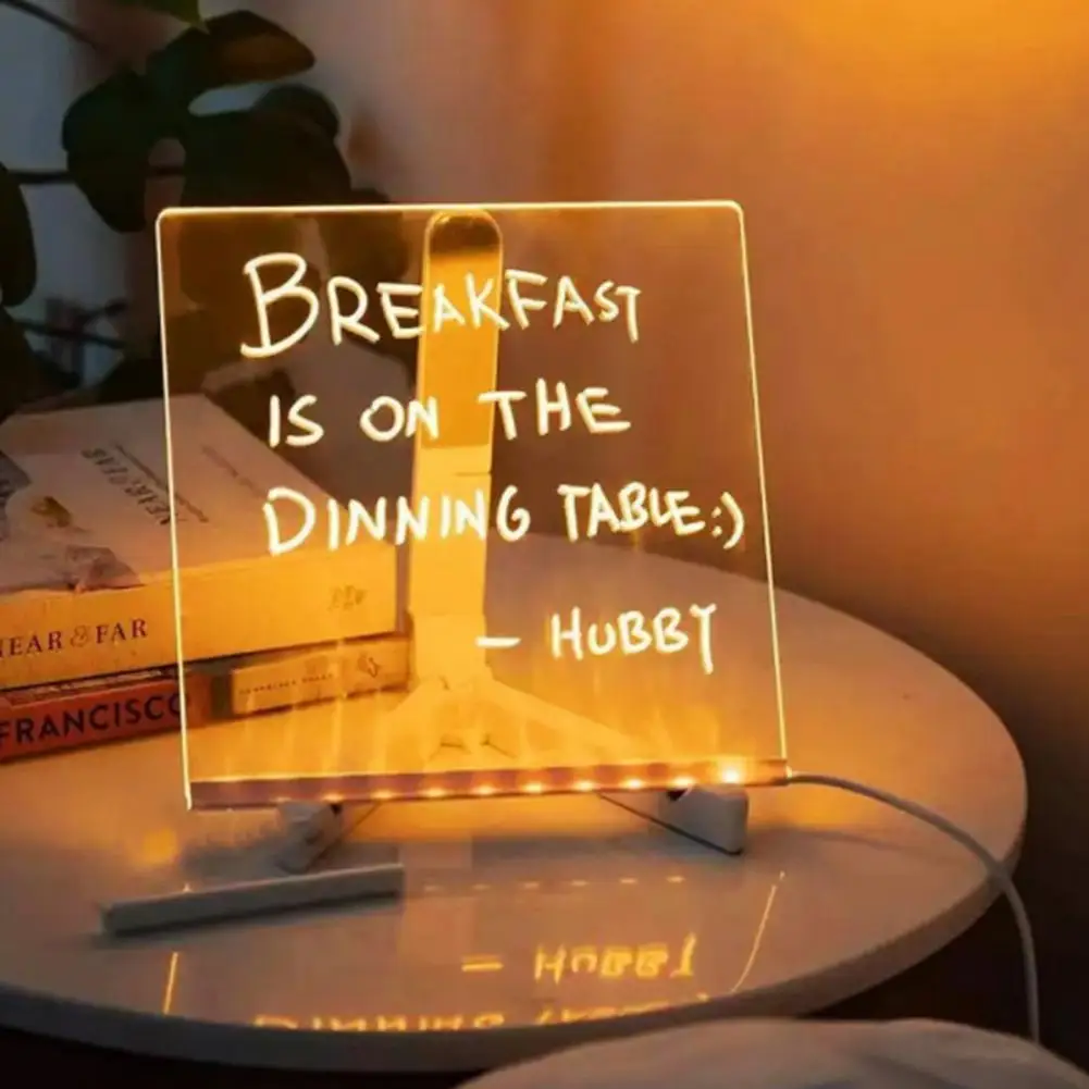 Tablero de notas LED con soporte, bolígrafos de Color, carga USB, acrílico transparente, borrado en seco, notas brillantes, tablero de mensajes de letras LED