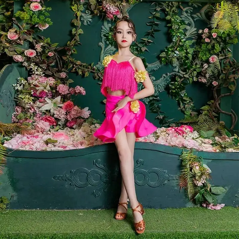 

Child Samba Tango Latin Dance Dress Girls Cha Ballroom Dance Costume Fringe Latin Dress Kids Competition Dress Practice Wear