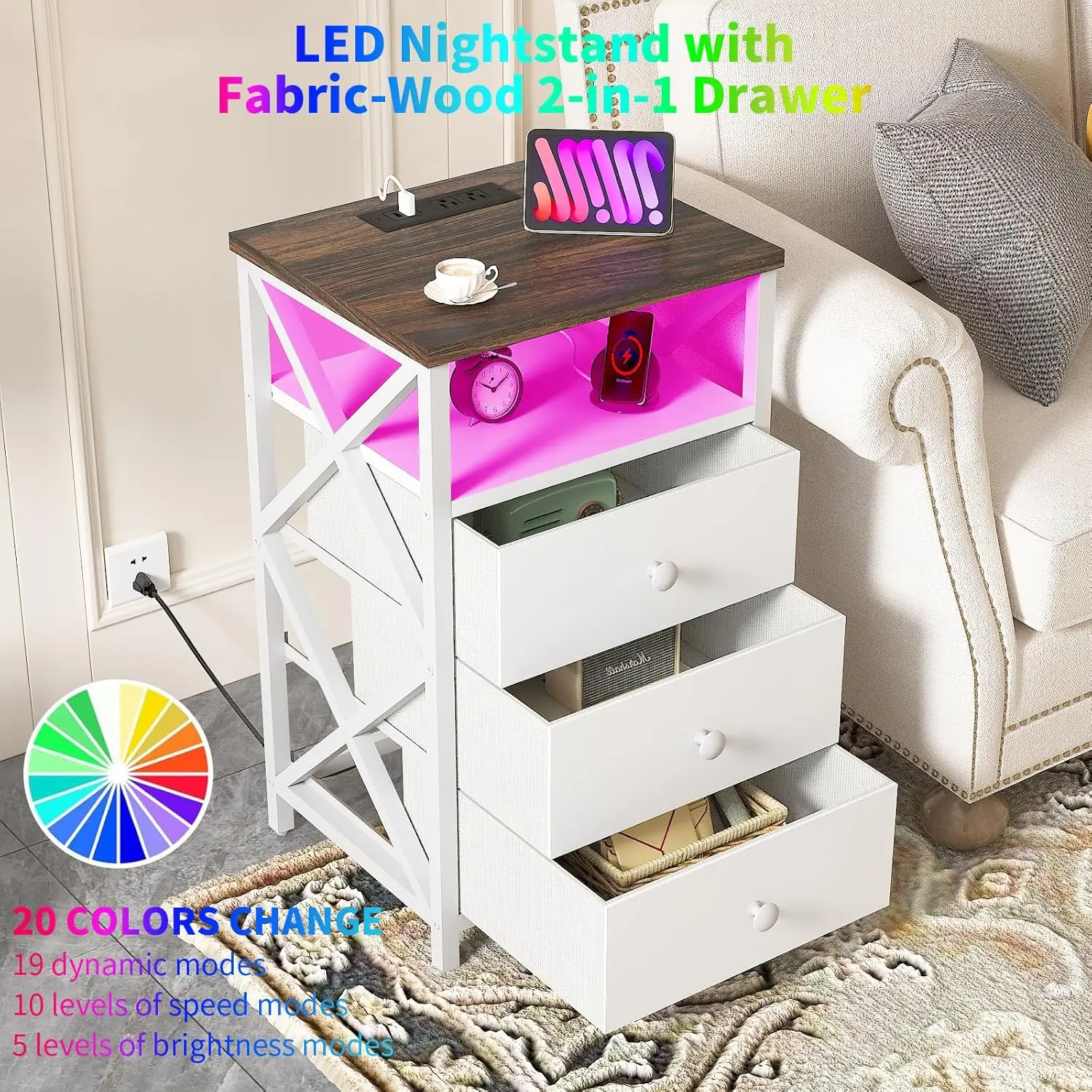 LED Nightstand with Charging Station, Tall Dresser for Bedroom with LED Light, Side Table Bedside Tables with USB Ports and Outl