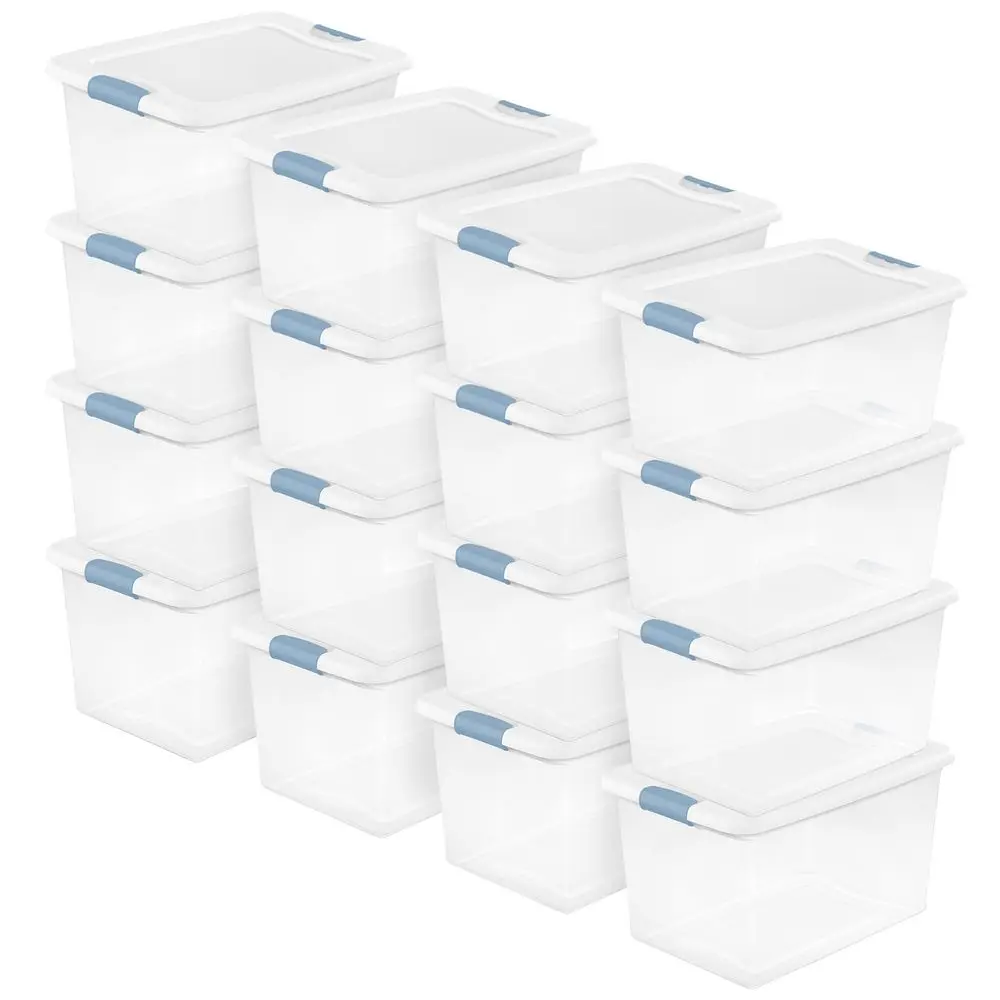 

16 Pack Latching Box, 64 Qt Plastic Storage Container, Stackable Large Home or Office Tote Organizers with Secure Lids, White