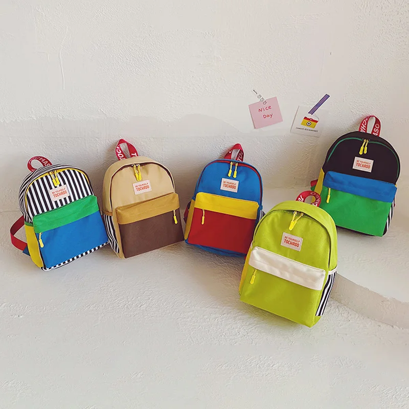 Mochilas con cremallera para niños, mochila escolar portátil ligera coreana para jardín de infantes, mochila de lona de Color Patchwork para niños, bolsas para niñas y niños