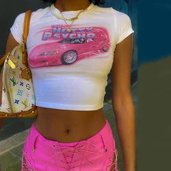 L Am Hotty Cute And Psycho Print T-shirt Short Sleeve Skinny Crop Top Y2k Harajuku Women Kawaii 90s Streetwear White O-neck Tees