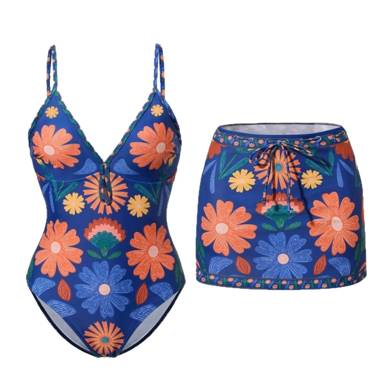 2026 Neuer einteiliger Badeanzug mit Vintage-Druck und Rock für Damen mit tiefem Rüschenrand und Farbblock-Nassanzug, grenzüberschreitend