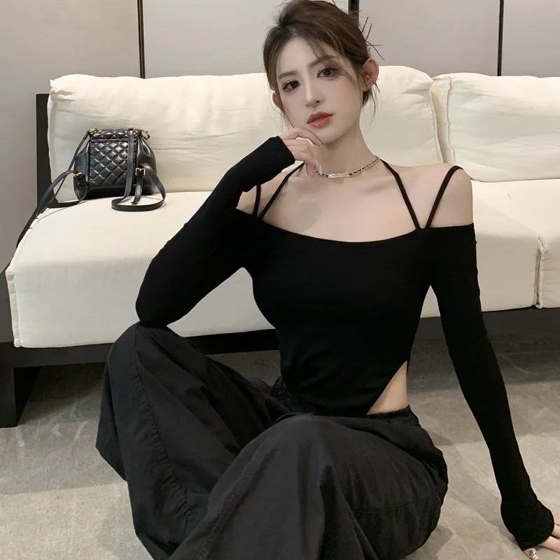 

Цельные футболки с длинными рукавами, женские осенние сексуальные пикантные топы с открытыми плечами для девочек, облегающие топы, уличная одежда, корейская мода, повседневные модные