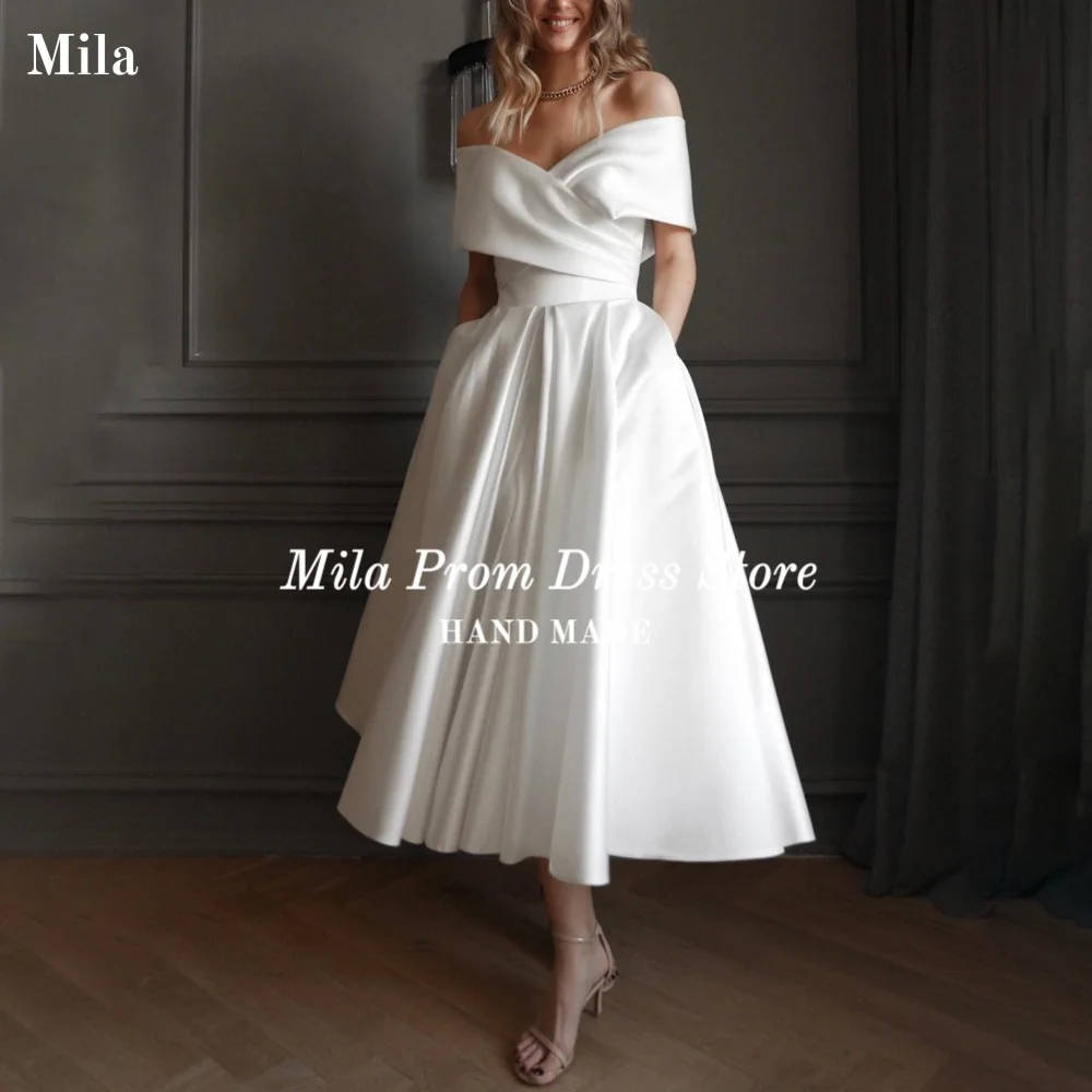 

Mila Customied Satin A-Line Wedding Dress Elegant Off Shoulder Formal Wedding Gowns With Pockets Ankle Evening robe de mariée