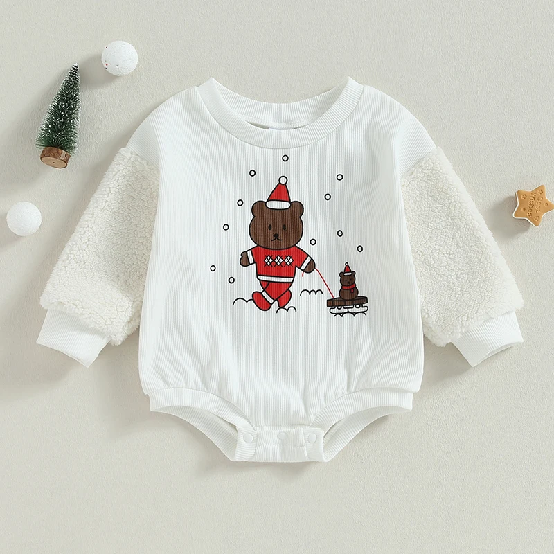 0-18Months Baby Sweatshirt Rompers Christmas Bear Print Long Sleeve Jumpsuit for Newborn Infant Cute Fall Winter Xmas Clothing