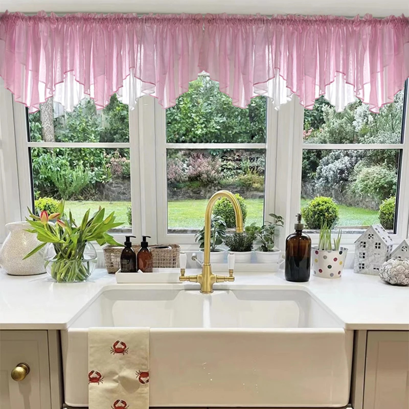 Pink White Staggered Tulle Short Curtains for Kitchens Extra Wide Windows Wavy Ruffled Valance for Doorway Rod Pocket Drapery