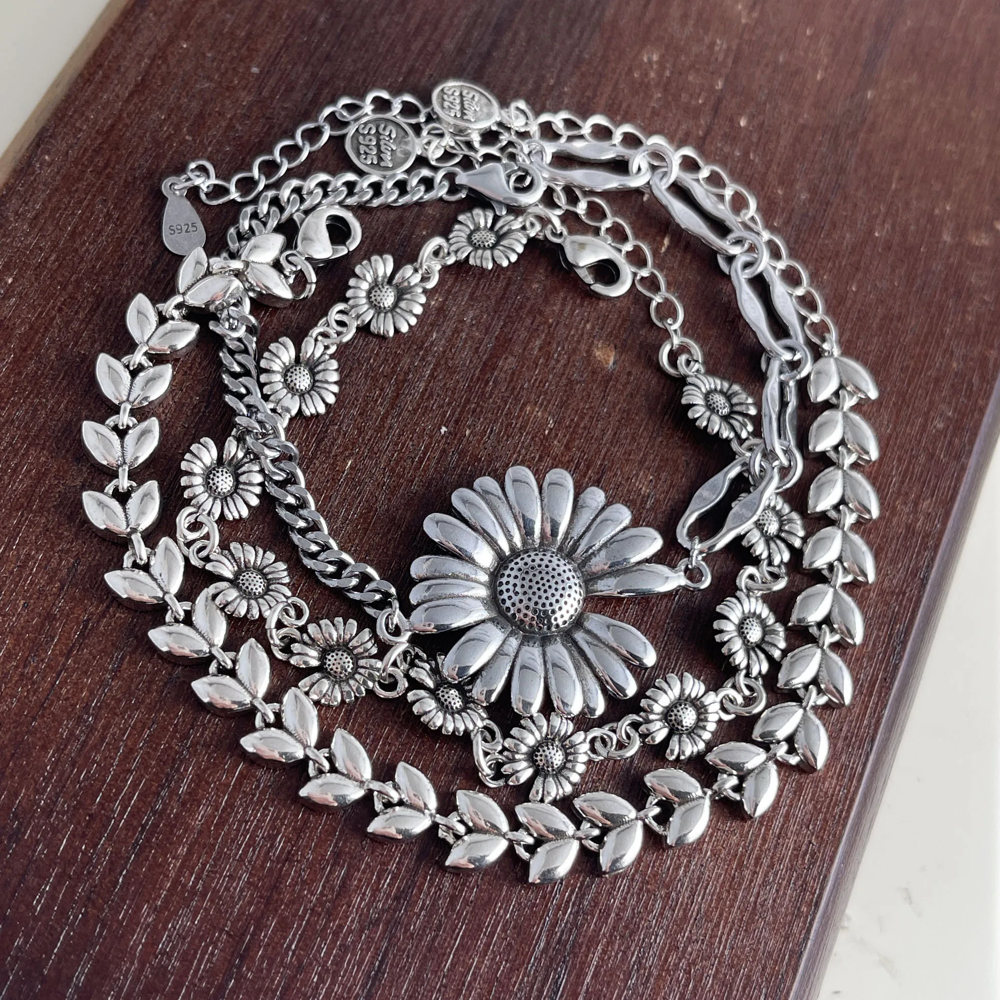 

100% Solid 925 Sterling Silver Metal Bracelet for Women Vintage Handmade Simple Retro Flower Bracelet Birthday Gift Party