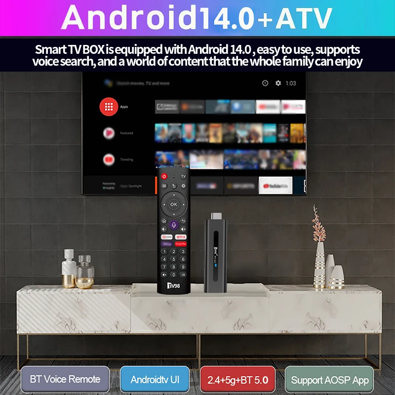 TV Stick Android 14 ATV 4K  Smart Mini TV Box Support 8K Video BT5.0 2.4G&5G Dual WiFi Quad-core Digital Voice Remote Control