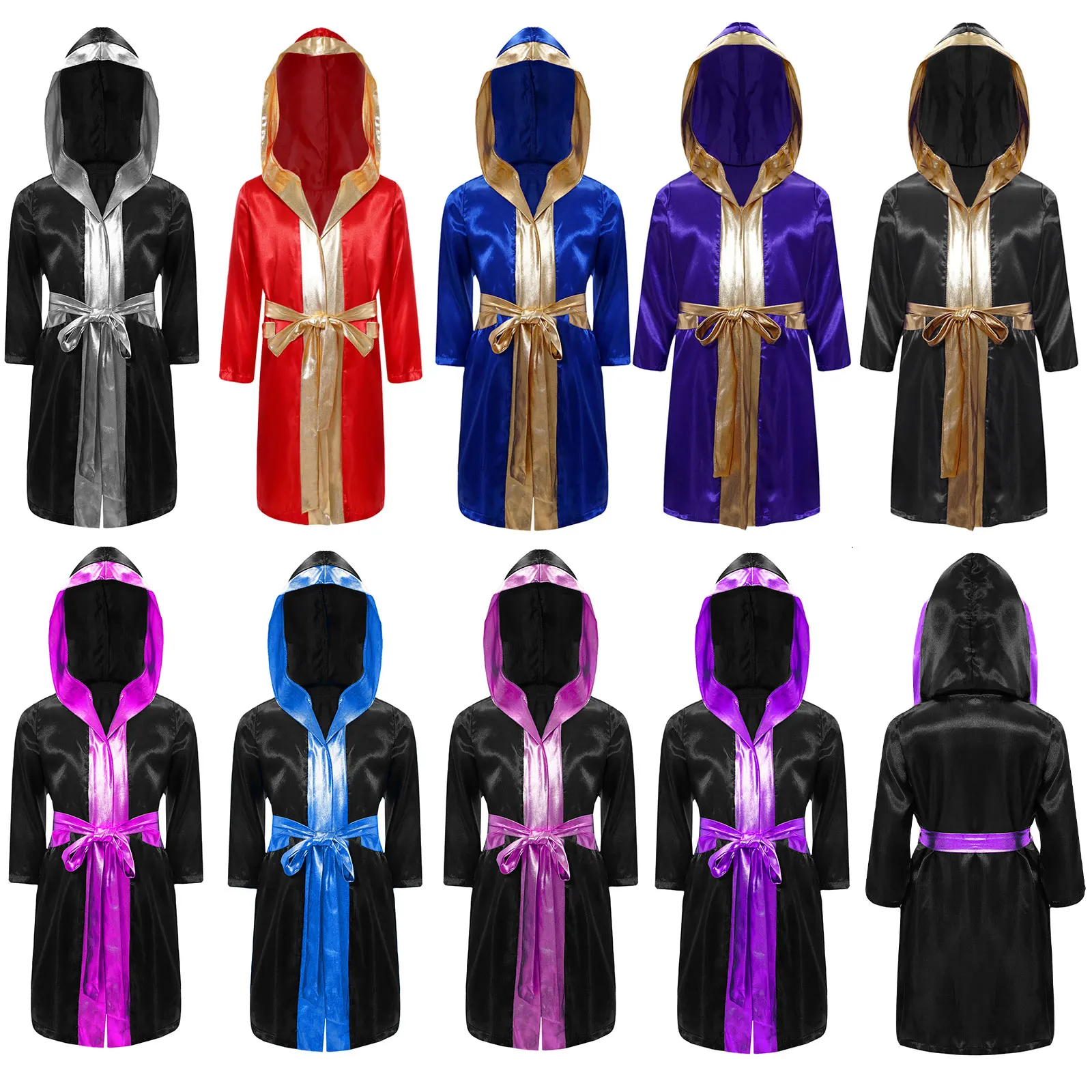 Boys Boxing Clothes Long Sleeve Metallic Satin Cardigan Hooded Cloak Robe with Belt Halloween Carnival Boxer Cosplay Costume