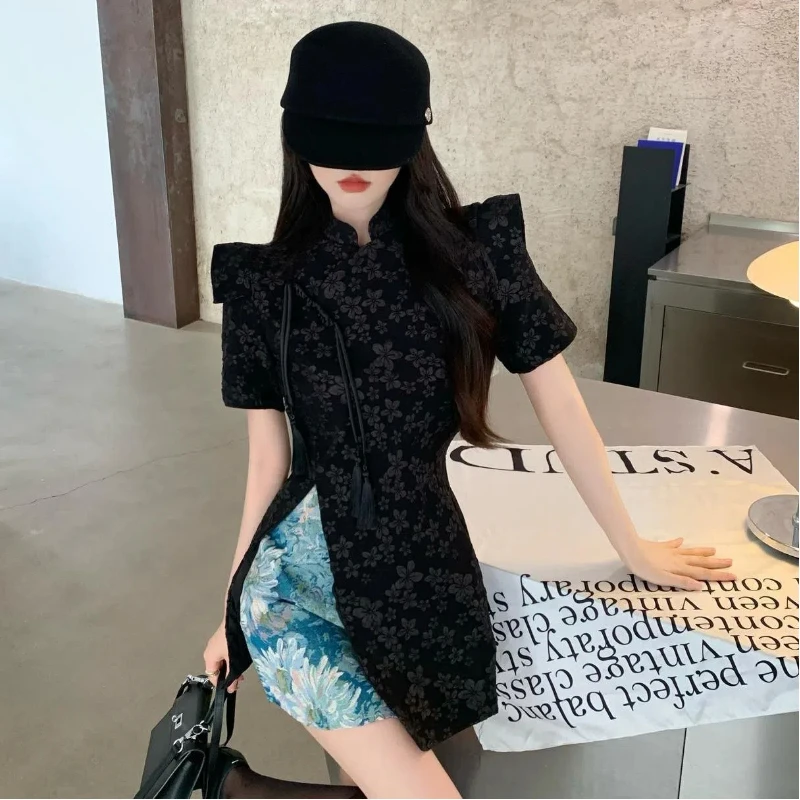 New Chinese Style National Style Popular Unique Short Sleeve T-shirt Dark Pattern Disc Button Split Qipao Top Women Clothing