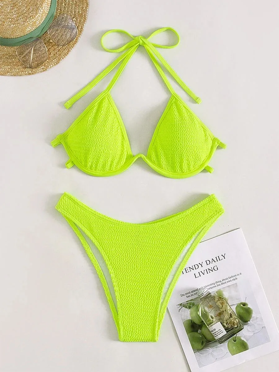 Plain Textured Halter Push Up High Cut Bikini 2023 New Underwired Female Swimsuit Women Swimwear Two-piece V shape Wire Bikini