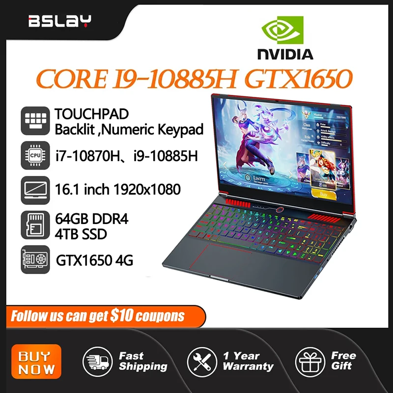 Laptop Gaming portátil, 16.1 Polegada, Intel Core i9-8950hk, i9-10885H, GTX1650, 4G, 64GB de RAM, 4TB SSD, DDR4, Câmera HD Win11, 5G WiFi, Netbook