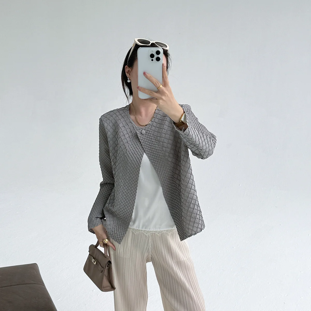 ミヤケ フォールド 新スタイル 秋冬 2025 ダイヤモンドグリッド フォールド 刺繍入り おしゃれ ゆったり ジャケット レディース アウター カーディガン トップス