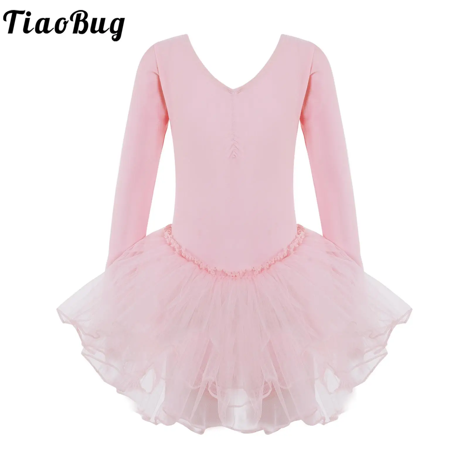 Kids Girls Tutu Ballet Dress Ballerina Leotard Costume Long Sleeve Stretch Mesh Splice U-shaped Back Ballet Dance Leotard Dress