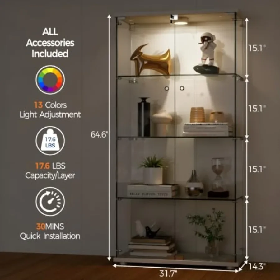 Tempered Glass Display Cabinet for Collectibles 4 Shelves, Double Doors, 13-Color LED Lights Motion Detector Black, Secure Lock