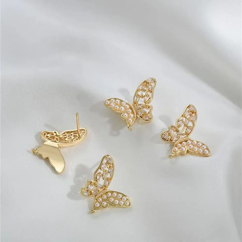 

14K Gold Inlaid Pearl Zircon Butterfly with Pendant Earrings 925 Silver Needle DIY Handmade Ear Accessories E376