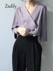 Zadily 2024 Summer Korea Style Half Sleeve Women Chiffon Blouse Office Lady V Neck Shirt Tie Work Tops Button Female Clothing