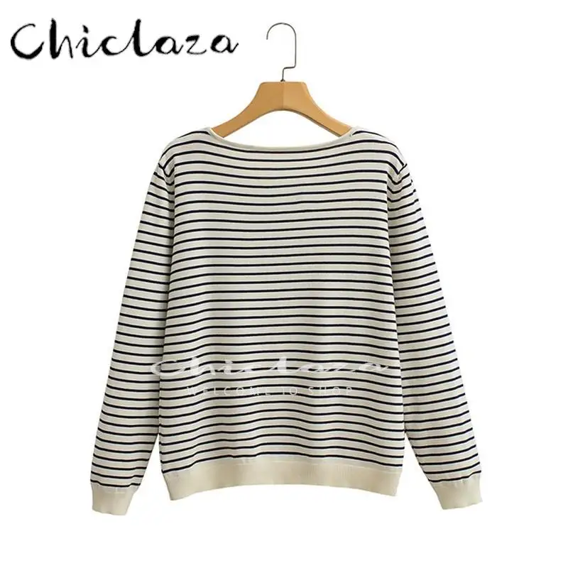 CHICLAZA 2022 Spring Autumn Women Fashion Knit Stripes Sweater Female Casual Loose Jumper T-shirt Tops 