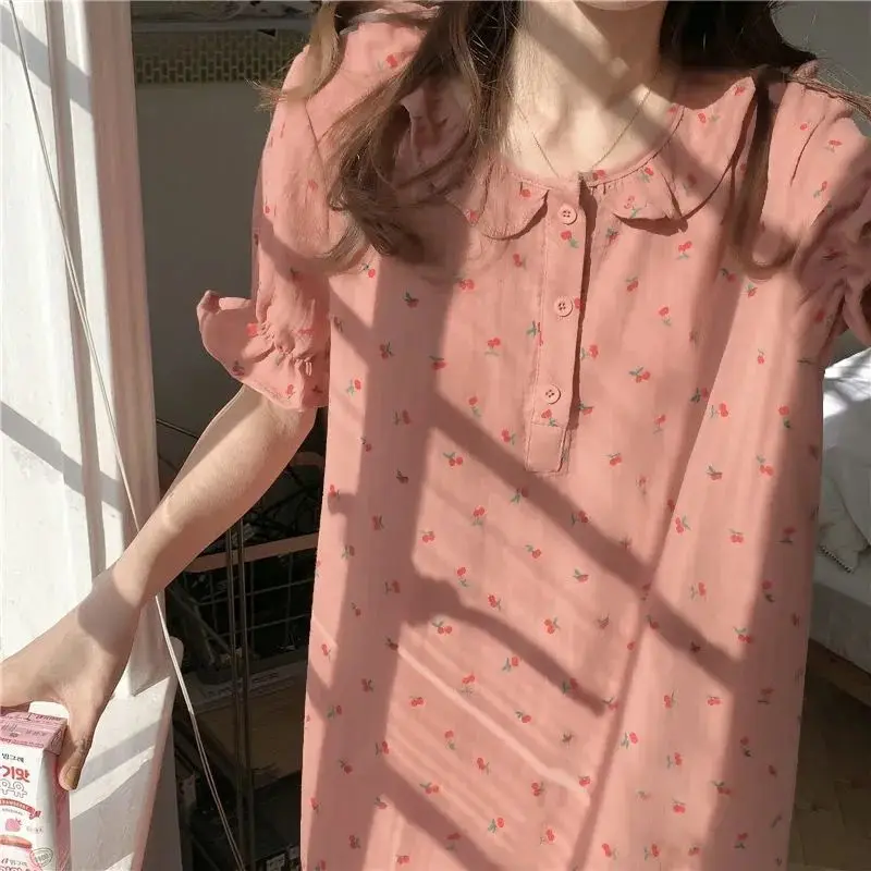 Cherry Print Nightgown Sleepwear Women Korean Ruffles Night Dress Summer One Piece Pajamas Short Sleeve Mini Home Wear 2024 New