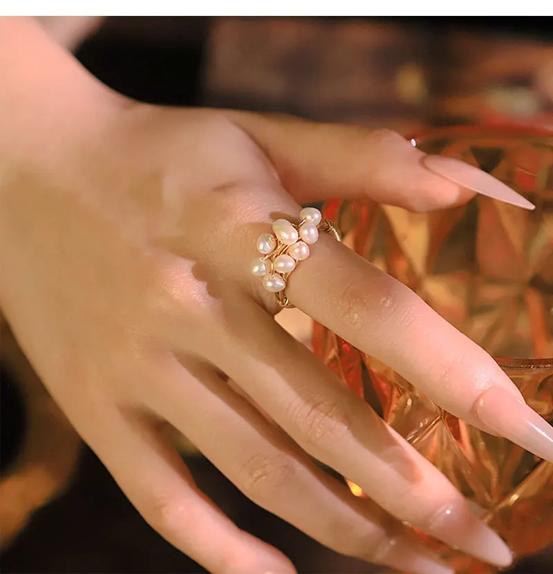 Natural Freshwater Pearl Wound Rings for Women Niche Versatile Tail Rings Charm Jewelry Cocktail Party Rings Finger Open Rings
