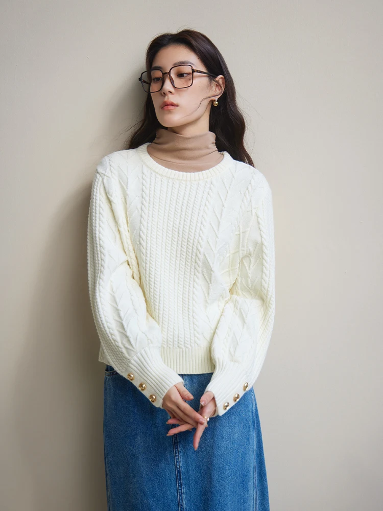 DUSHU Gentle Wind Sweet Simple Cable Texture Sweater for Women Winter Chic Round Neck 13.2% Wool Sweater Pullover Female