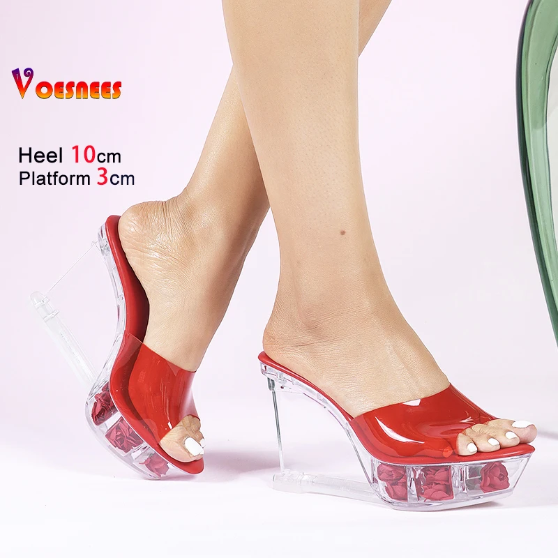 

2026 New PVC Transparent Shoes For Women Mules Sandals Summer Wedges Heel 10CM Fashion Platform Slip-on Crystal Jelly Slippers