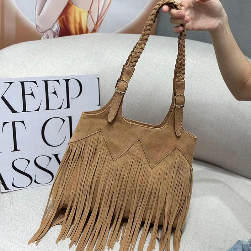 

Bohemian Tassel Shoulder Bag New Fashion Woven-strap Handbag Tote Crossbody Vintage Matte Finish Large Capacity Shoulder Bag