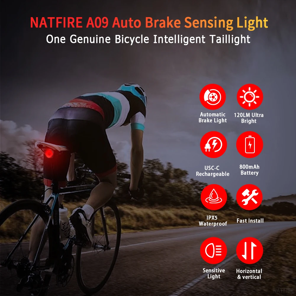 NATFIRE A09 Bicycle Smart Rear Light Type-C Charging Brake Sensor Auto Stop Cycling Taillight Warning Light Bike Accessories