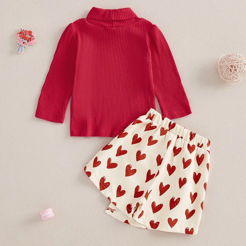 Toddler Girl Valentine s Day Outfits Solid Color Mock Neck Long Sleeve T-Shirts Tops and Heart Print Skorts 2Pcs Clothes Set