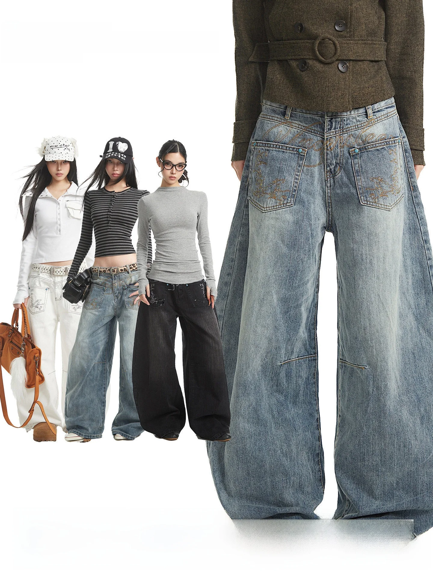 

Американские свободные женские джинсы с вышивкой и принтом, широкие брюки, повседневные, удобные, с застежкой на молнии, для осени