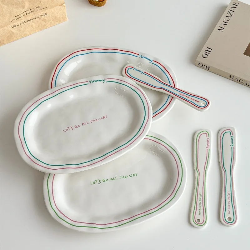 Minimally Colored Double Line English Letter Printed Ceramic Oval Plate with Butter Knife Dessert Breakfast Irregular Tray