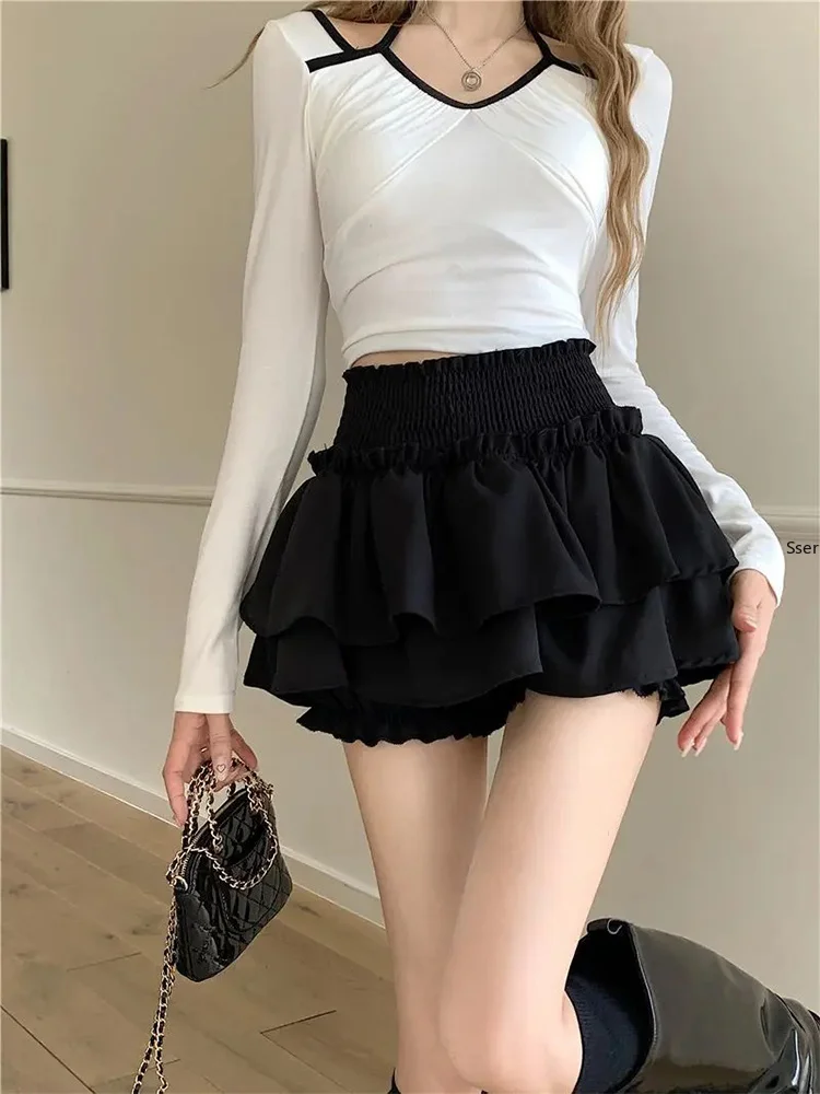 Minifalda Linda y Sexy Estilo Balletcore, Elástica, de Cintura Alta, con Volantes y Parches, Falda Lolita Corta, Estilo Coreano Dulce Y2K, Ropa para Mujer